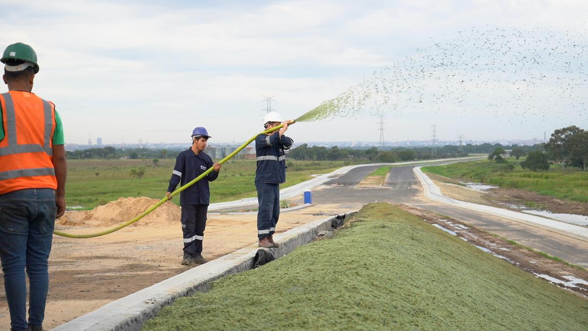 La cuadrilla tendiendo la manguera a lo largo de la cuneta