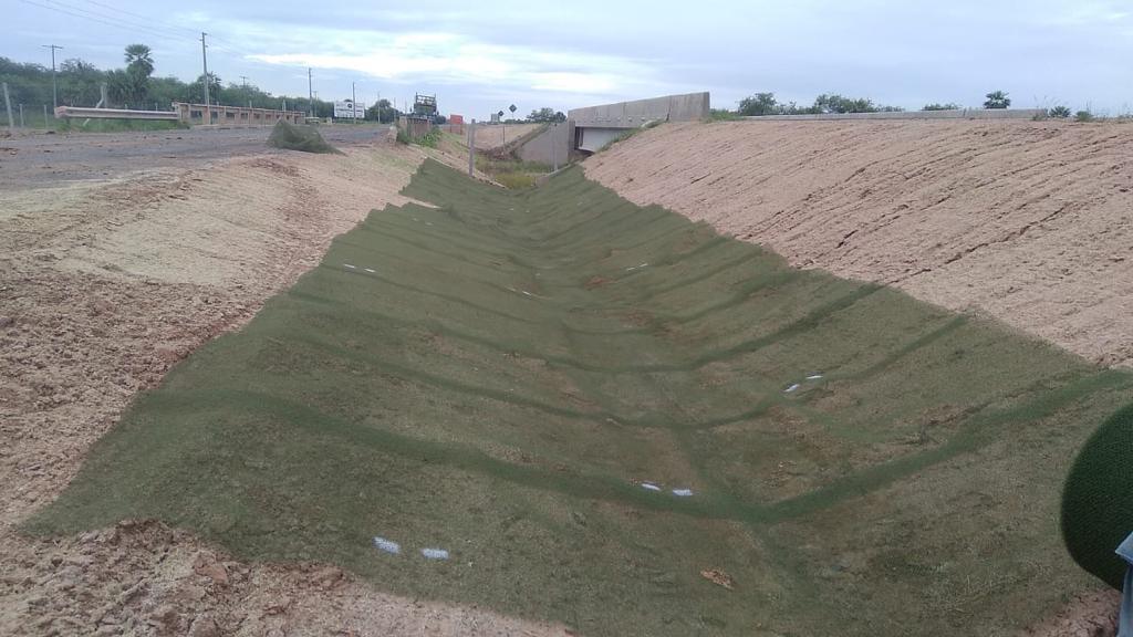 La geomanta cubriendo el talud, en perspectiva